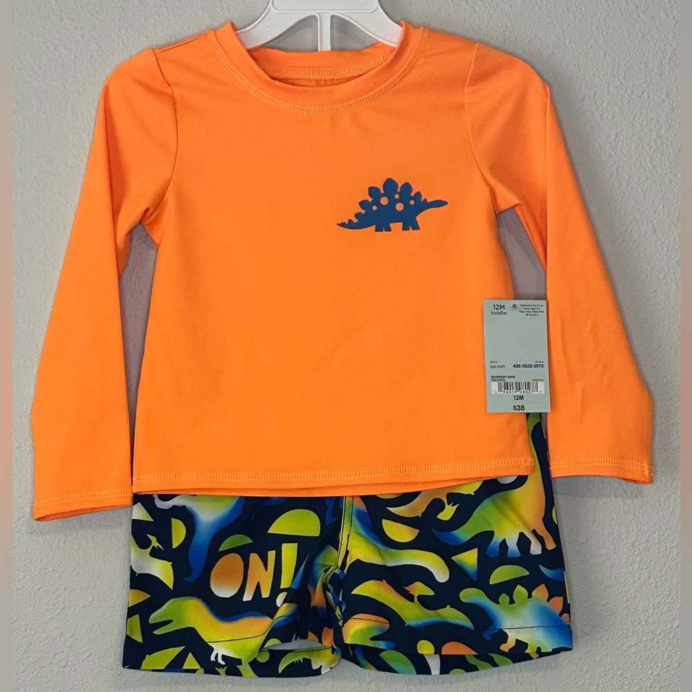 Okie Dokie Toddler Boys Dinosaur Rash Guard Shirt /Swim Trunks Set NWT Size 12M